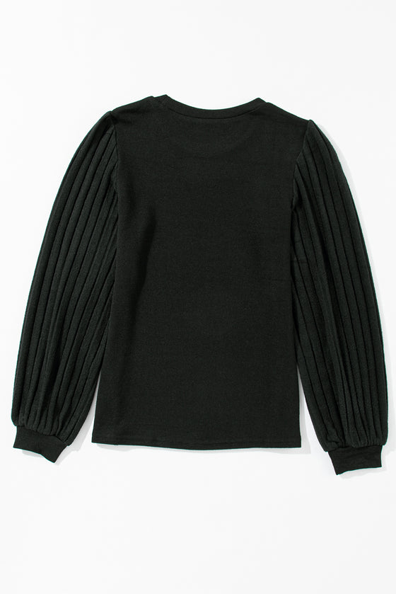 Black Contrast Ribbed Bishop Sleeve Top | Available in 3 Colors