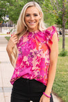 Pink Floral Blouse with Ruffled Sleeves