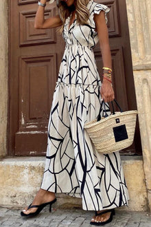  White Abstract Print V Neck Ruffle Maxi Dress