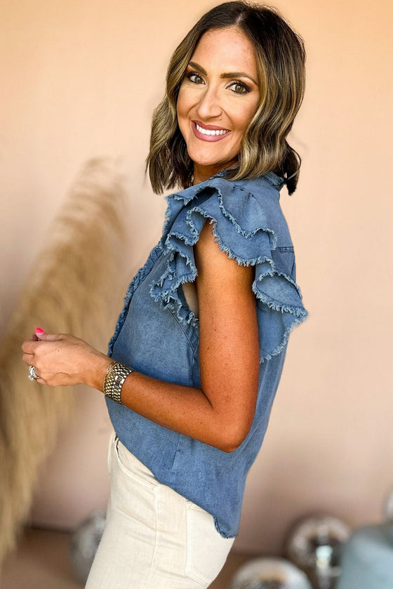 Ruffled Flutter Frayed Denim Top | Available in 2 Colors