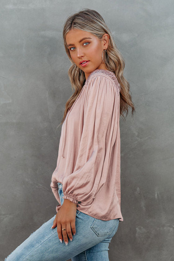 Pink Pleated Balloon Sleeve Drawstring V-Neck Blouse