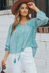 Light Blue Floral Print Boho Lace Up High Low V Neck Blouse