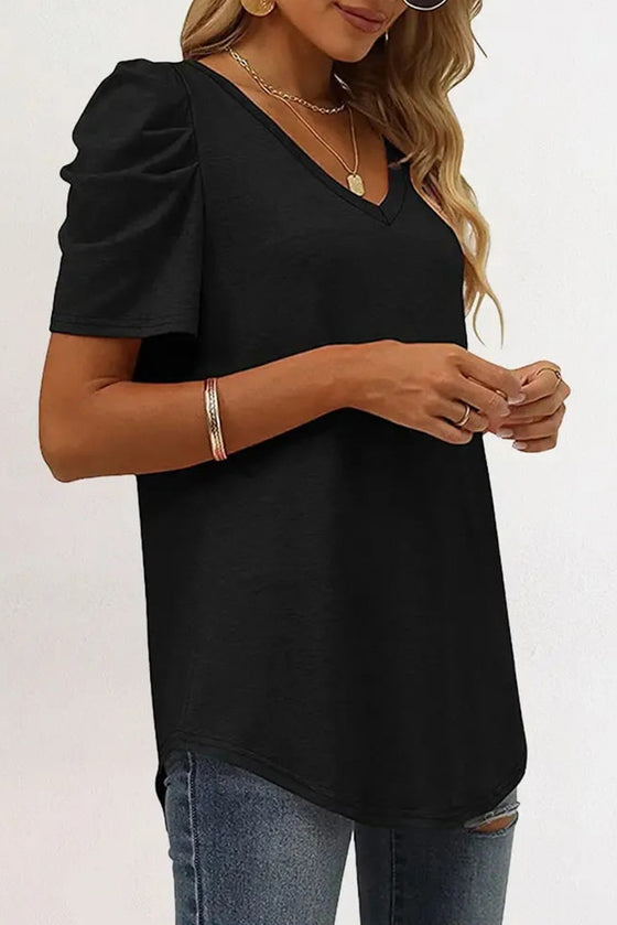 Black Puff Sleeve V Neck T-Shirt | Available in 3 Colors