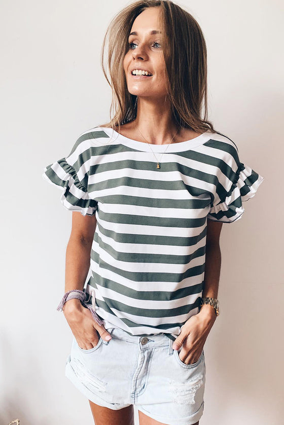 Sea Green Striped Ruffle Sleeve Top | Also Available in Black