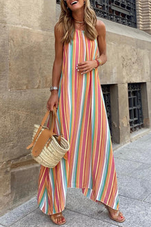  Bohemian Striped Colorblock Spaghetti Strap Sleeveless Maxi Dress