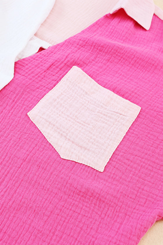 Hot Pink Color Block Short Sleeve Polo Blouse