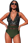 Army Green Camo Patchwork Deep V Neck One-Piece Swimsuit