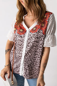  Leopard Mandala Print Patchwork Blouse