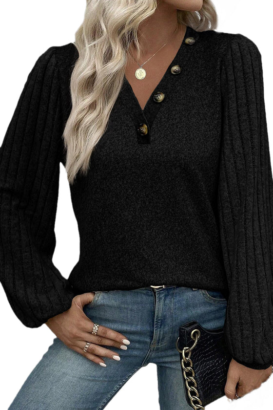 Black Button Detail V Neck Ribbed Bishop Sleeve Top | Available in 2 Colors