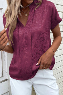  Rose Red Leopard Print Rolled Sleeve V Neck Blouse