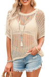 White Fishnet Knit Ribbed Round Neck Short Sleeve Tee | Available in 3 Colors