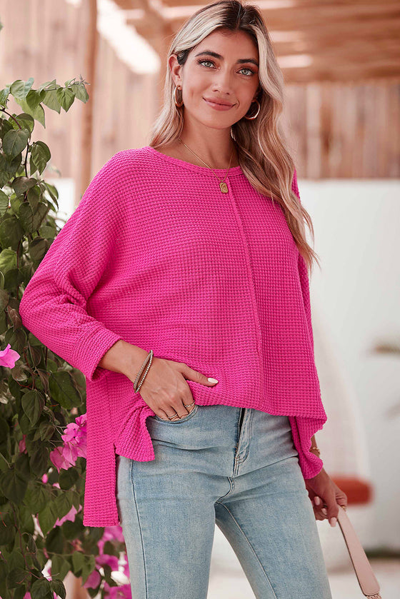 Rose Red Textured Sleeve Split Top