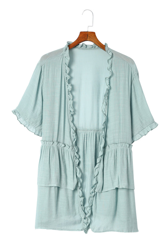 Green Ruffled Trim Short Sleeve Open Front Kimono | Available in Other Colors