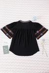 Black Boho Tassel Drawstring Embroidered Blouse