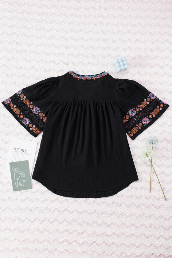 Black Boho Tassel Drawstring Embroidered Blouse