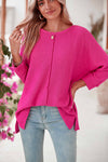 Rose Red Textured Sleeve Split Top