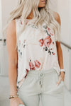 Floral Print Round Neck Casual White Tank Top