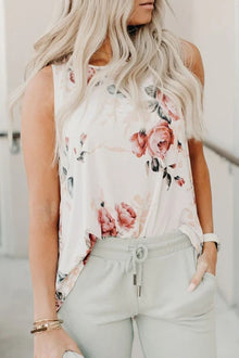  Floral Print Round Neck Casual White Tank Top