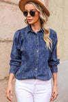 Dark Blue Rached Puff Sleeve Button-Up Denim Shirt