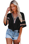 Black Boho Tassel Drawstring Embroidered Blouse