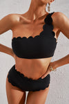 Black Scalloped Trim Asymmetrical Neck High Waist Bikini