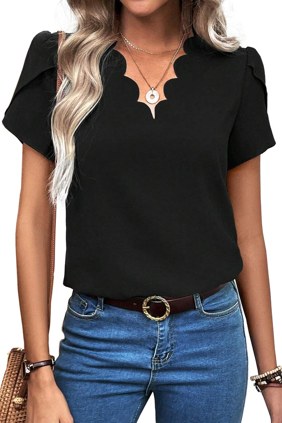 Black Scallop Trim Petal Sleeve Blouse