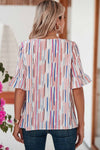 White Striped Abstract Print Ruffle Half Sleeve Blouse