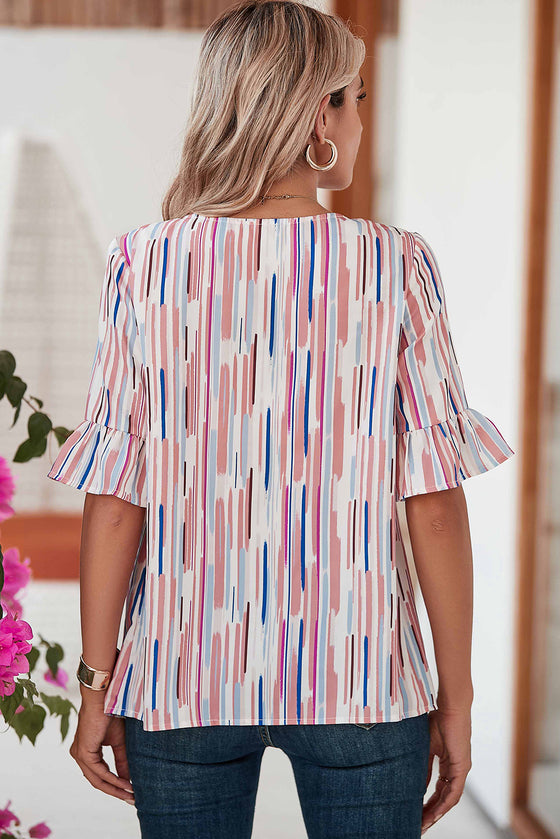 White Striped Abstract Print Ruffle Half Sleeve Blouse