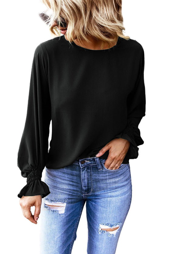 Plain Pullover Smocked Cuffs Long Sleeve Blouse | Available in Black and Red Colors