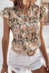 Laurel Green Floral Print Frilled V Neck Butterfly Sleeve Blouse