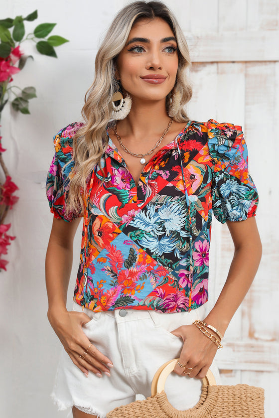 Tropical Floral V Neck Ruffle Blouse