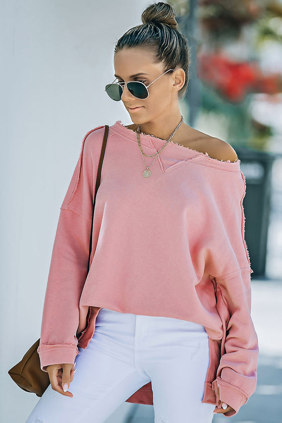 Pink Casual Frayed Trim Side Slit Loose Sweatshirt