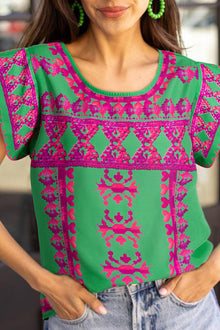  Magenta and Green Abstract Print Cap Sleeve Shirt