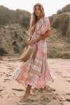 Red Boho Print Deep V Kimono Sleeves Beach Dress with Split