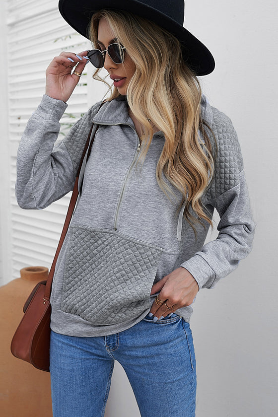 Grey Casual Pocket Quilted Patch Half Zipper Sweatshirt