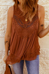 Apricot Casual Contrast Lace Crochet Button Back Sleeveless Shirt