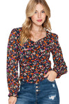 Black V Neck Bubble Sleeve Floral Blouse