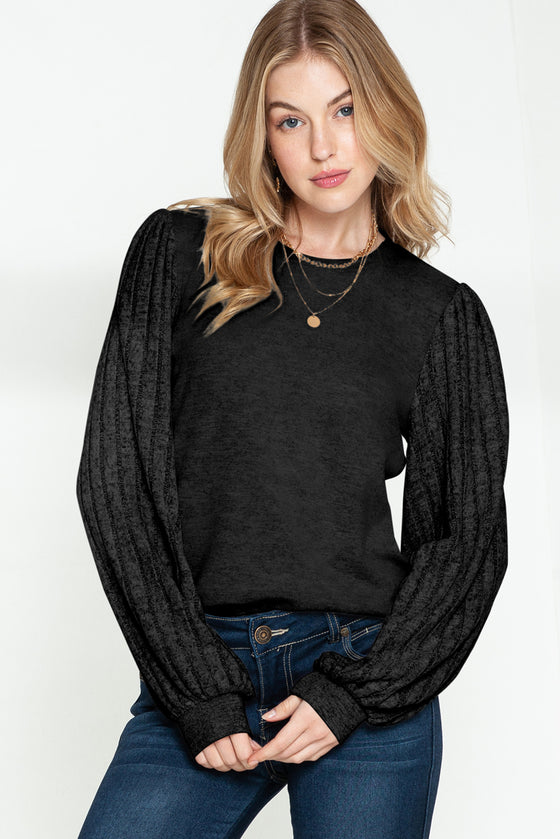 Black Contrast Ribbed Bishop Sleeve Top | Available in 3 Colors