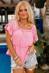 Pink Eyelet Patchwork Ruffle Frayed Crinkle Blouse