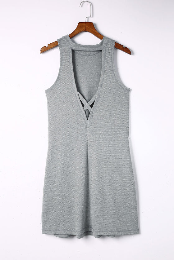 Black Crisscross Cut-out Back Knit Sleeveless Dress | Available in Gray