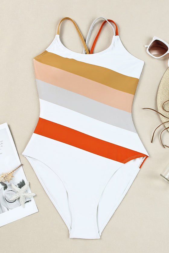 Multicolor Striped Criss Cross Backless One-Piece Swimsuit