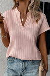 Pink Solid V-neck Textured Short Sleeve Blouse