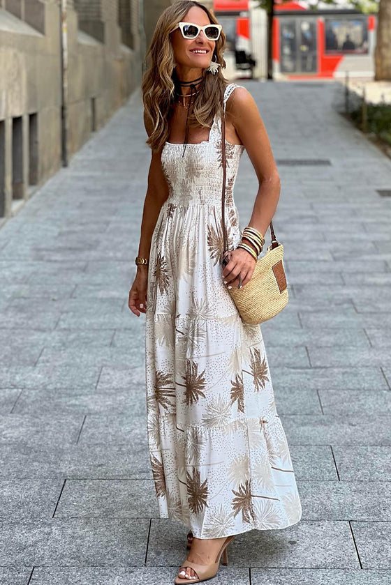 White Tropical Print Smocked Maxi Dress