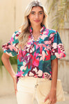 Rose Red Floral Print V Neck Lantern Sleeve Blouse