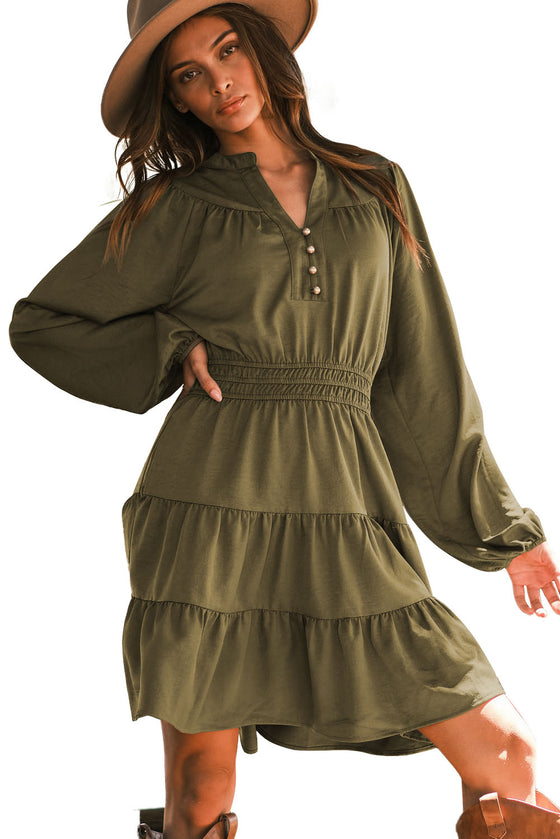 Green Solid Color Notch Neck Tiered Long Sleeve Dress