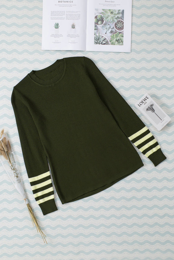 Green Casual Crew Neck Striped Sleeve Knit Sweater | Additional Colors Variants