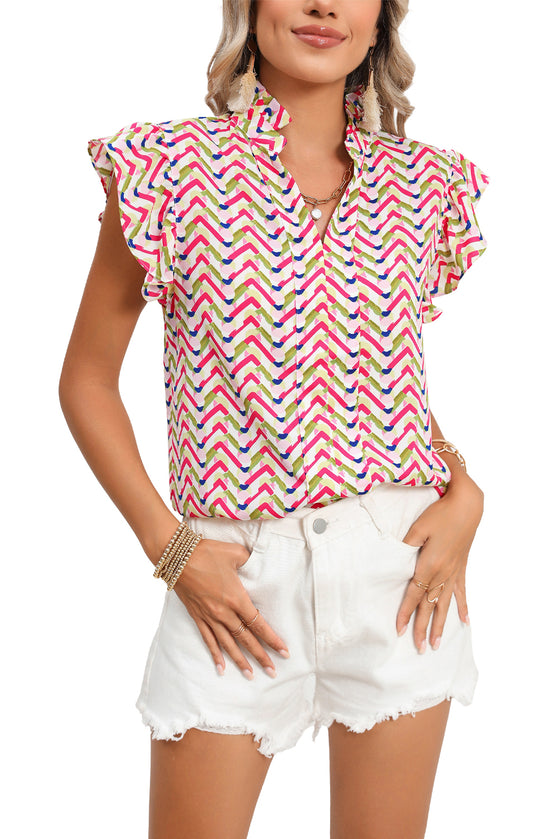 Multicolor Chevron Print Frill V Neck Ruffle Blouse