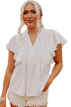 White V Neck Pleated Front Ruffled Sleeve Blouse