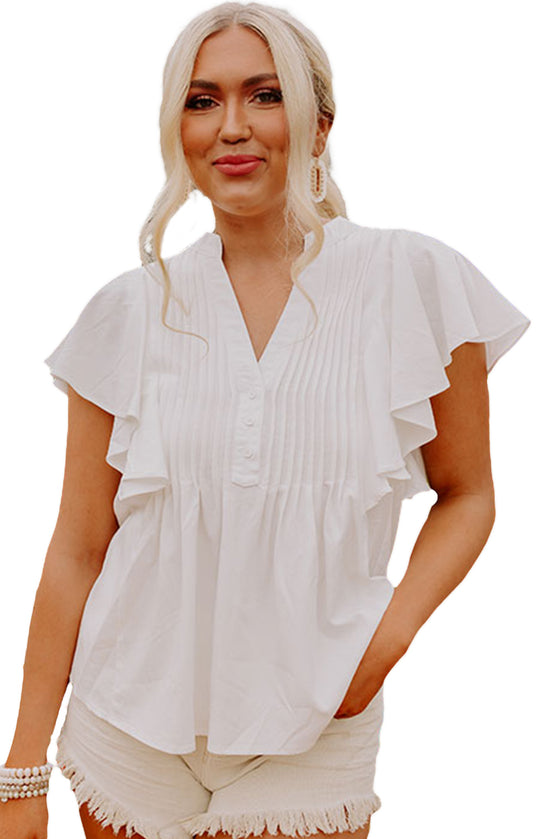 White V Neck Pleated Front Ruffled Sleeve Blouse