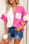 Hot Pink Color Block Short Sleeve Polo Blouse